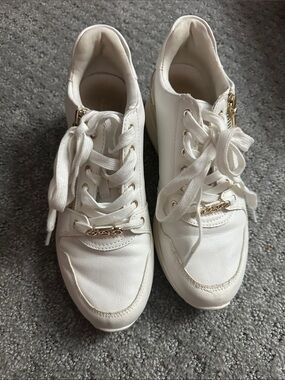 Aldo Women's White Wedge Sneakers with Gold Hardware